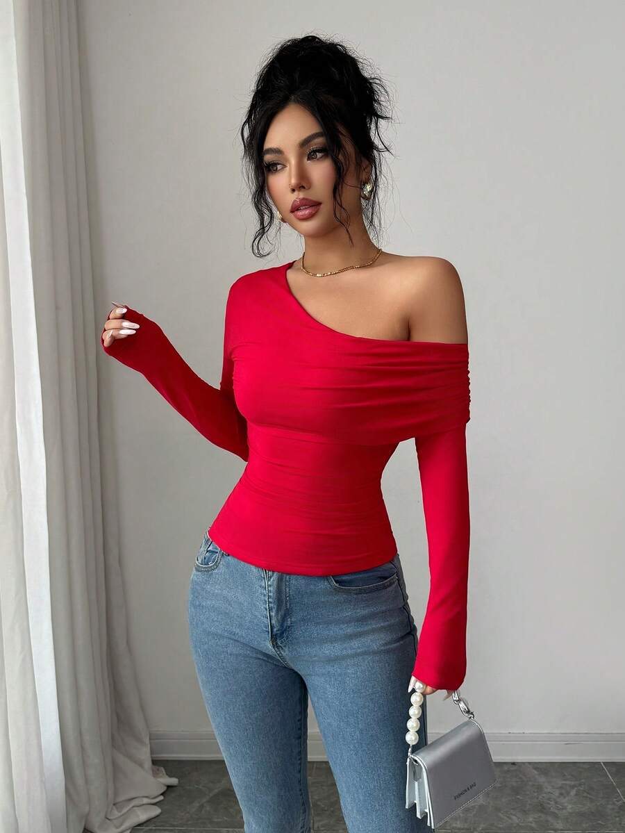 SHEIN Raffinéa Women's Casual Burgundy One Shoulder Ruched Long Sleeve Polyester Regular T-Shirt - Burgundy - View 1