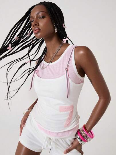 ROMWE Avant Top ajustado de tirantes con bordado de lentejuelas y contraste de color deportivo