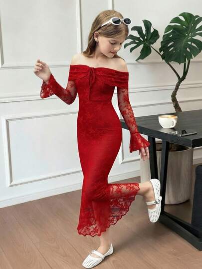 SHEIN 青少年女孩露肩长袖前系带修身连衣裙，新年女孩连衣裙，新年派对连衣裙，情人节，红色美人鱼露肩连衣裙