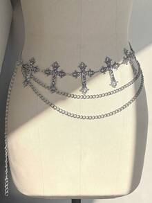 ROMWE 1pc Women Gothic Style Silver & Black Cross Layered Chain Waist Chain Dress Accessory, Versatile Daily, Halloween - Cross Double Chain Waist Chain - View 6