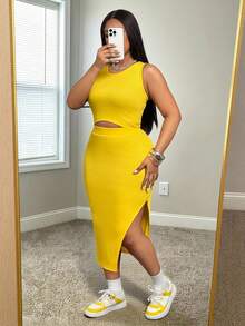 Slaydiva 2026 Spring/Summer New Music Festival, Easter, St. Patrick's Day, Western, Nomadic Style, Birthday Party, Casual, Vacation, Cruise Travel, Beach, Sunbathing, Party & Festival Women's Yellow Cropped Tank Top And Maxi Skirt Set - Yellow - View 7