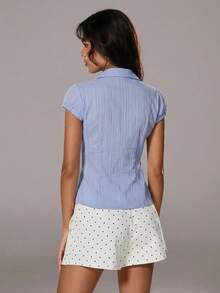 TRNVIE 夏季白色纹理翻领修身胸前纽扣性感OL棉质条纹短袖衬衫 - 藍色 - 查看 2