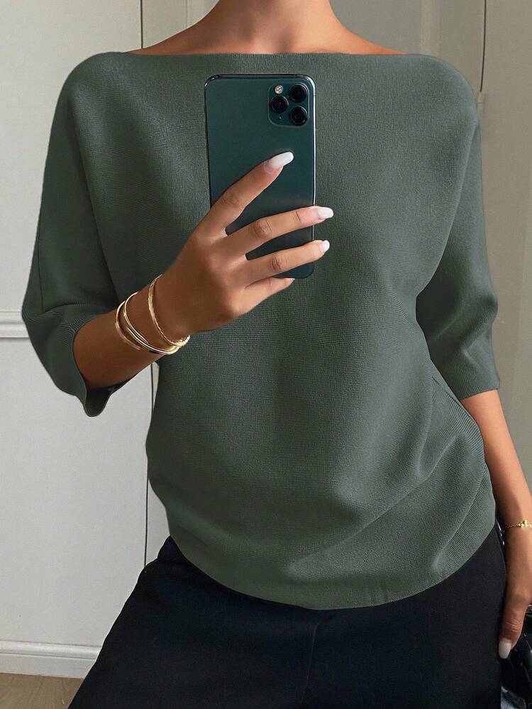 Women's Solid Color Fitted Boat Neck Half Sleeve Casual Elegant Knit Top, Autumn/Winter