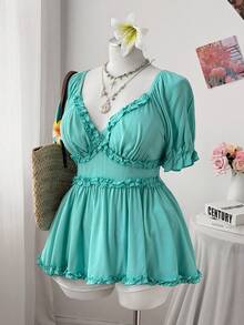 Sweetra Áo kiểu nữ cỡ lớn, phù hợp cho mùa xuân, hè, thu, đi nghỉ mát, thanh lịch, lễ hội, phong cách Boho, Hippie, Cowgirl, Old Money Chic, màu trơn, viền bèo nhún, tay phồng, eo thon, dáng ôm, vạt áo rộng, đa năng. - Màu xanh ngọc - Xem 5