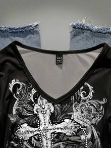 Attitoon 休闲复古朋克 Y2K 百搭派对机场装扮，十字皇冠项链，做旧花卉印花，黑色 V 领修身长袖 T 恤，适合秋冬季嘉年华穿着，舒适百搭 - 白色 - 查看 4