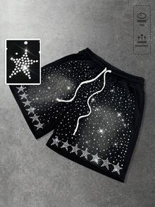 ROMWE MEN Men's Fashionable Sparkling Diamond Zebra Print Shorts, Summer - Black - View 6