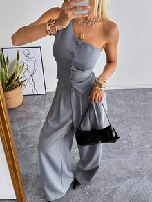 SHEIN EZwear 女士时尚斜肩编织背心裤套装（2件套），灰色 - 灰色 - 查看 4