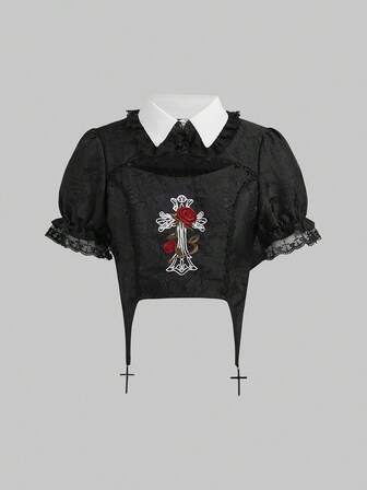 Women's Gothic Vintage Palace Rose Cross Embroidery Pendant Chain Puff Sleeve Blouse