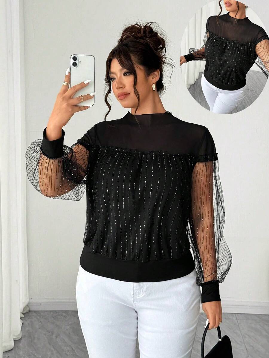 SHEIN Elenzya Kemeja Komuter Ukuran Plus dengan Patchwork Jala - Hitam - View 1