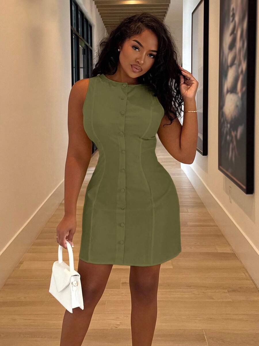 Alexandranx 女式休闲纯色单排扣无袖迷你连衣裙，夏季 - 軍綠色 - 查看 1