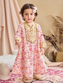 SHEIN 女嬰 Jalabiya Abaya 粉橘色秋季優雅生日兩件套，附網紗髮箍，阿拉伯傳統長袖碎花洋裝 - 黃色 - 查看 2