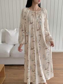 DAZY Plant Pattern Full Print Ruched Drawstring Neck Lantern Sleeve Long Loose Women Nightgown - White - View 3