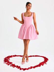 EURMUSE Pinterest 可爱女孩迷你连衣裙，方领上衣，无袖衬衫，少女风荷叶边，夏日时尚，日间女性化，天然棉质面料，系列 - 淺粉色 - 查看 2