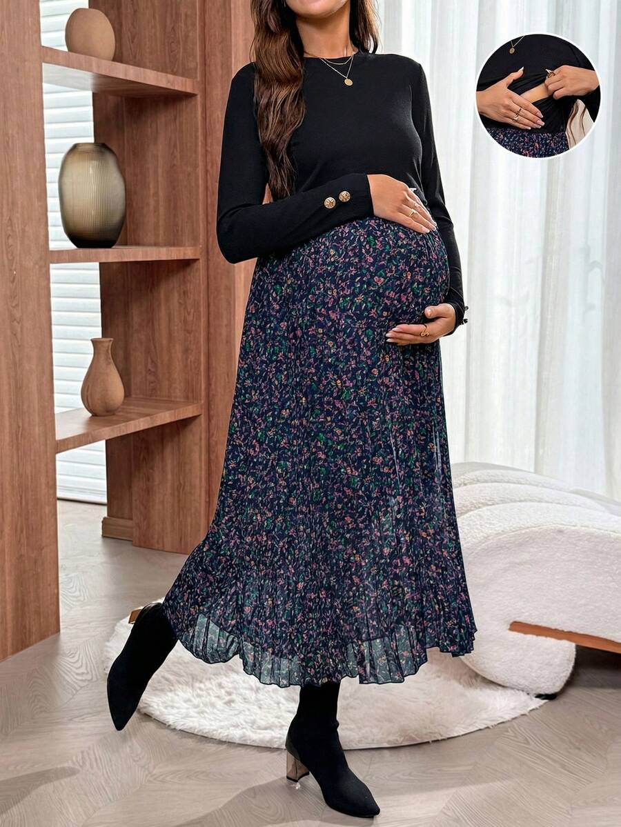 SHEIN 孕妇印花拼接哺乳休闲连衣裙,适合度假穿着 - 藏蓝色 - 查看 1