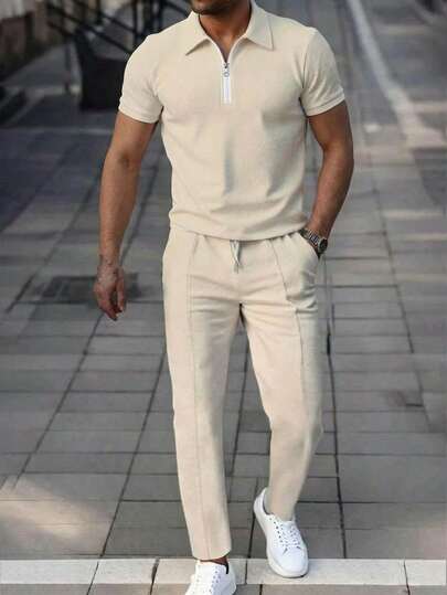 Manfinity Homme Men's Beige Simple Casual Short Sleeve Top And Pants Set,Men Old Money,Daily Leisure, Weekend Trips, Outdoor Activities, Travel Expeditions, Relaxed Work Environments Or Semi-Formal Occasions, Boyfriend/Husband Gift, Anniversary /Birthday Gift Party Summer Vacation Holiday,Wedding,Spring To Summer,Mardi Gras,Men's Casual Cream Short Sleeve Polo Shirt With Zipper Collar,Men Two Piece Set Summer,Casual Two Piece Set Men,Men Co Ord Set,Men Summer Sweatsuit,Cream Outfit Men
