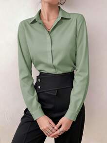 Modelyn Camisa casual de manga larga y hombros descubiertos, versátil para uso diario - Verde - Ver 5