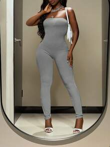 Slaydiva Women's Solid Color Ribbed Jumpsuit & Jacket 2 Pieces Set Grey Ribbed Jumpsuit Comfortable Jumpsuit - Grey - View 5