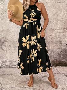 Breezaya Plus-Size Women's Fashionable Elegant Black Monochrome Floral Print Dress,Boho Summer Vacation Holiday Off-The-Shoulder Backless Twisted-Waist Dress - Multicolor - View 4