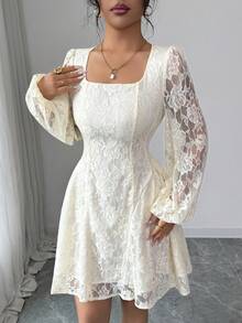 Modelyn Robe mini élégante et romantique pour femmes, avec encolure carrée, manches lanternes, taille cintrée et coupe évasée en dentelle - Nude - Voir 3