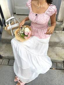 Sunnyshic Áo kiểu babydoll tay ngắn, thắt eo, in chấm bi dễ thương dành cho nữ, thích hợp cho mùa xuân/hè. - Hồng - Xem 7