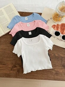SHEIN LMoss Kids 4pcs Set Casual Solid Color Knit Ruffle Hem Short Sleeve Top - Multicolor - View 4