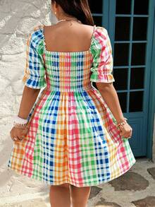 Sunnyshic 大码女士休闲优雅公主风A字短袖渐变格纹中长度假连衣裙 - 彩色 - 查看 2