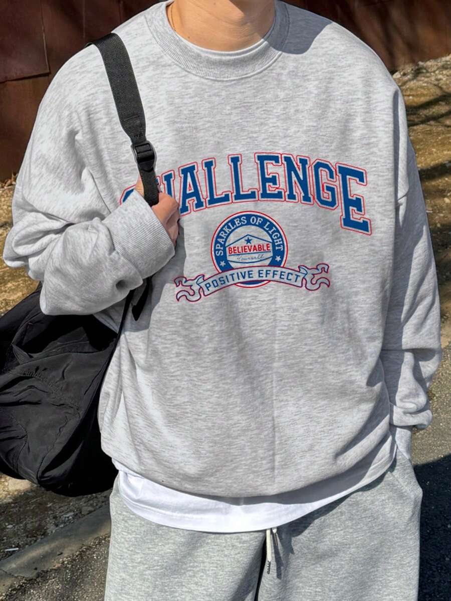 DAZY Sudadera con cuello redondo para hombres con estampado de letras, gris claro, primavera/otoño - Gris - Ver 1