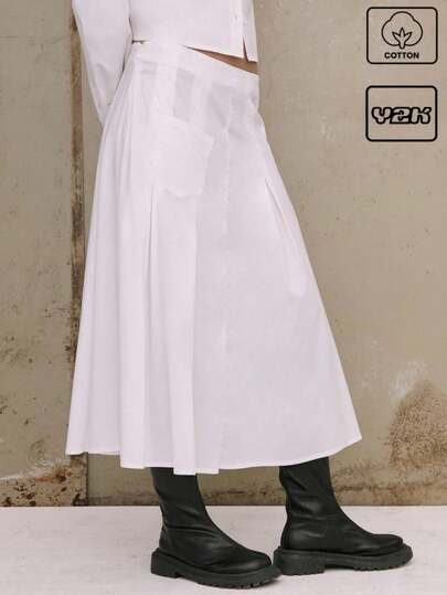 COUREZ 白色降落伞图案中长半身裙，带口袋，适合夏季穿着，Y2K复古棉质面料。