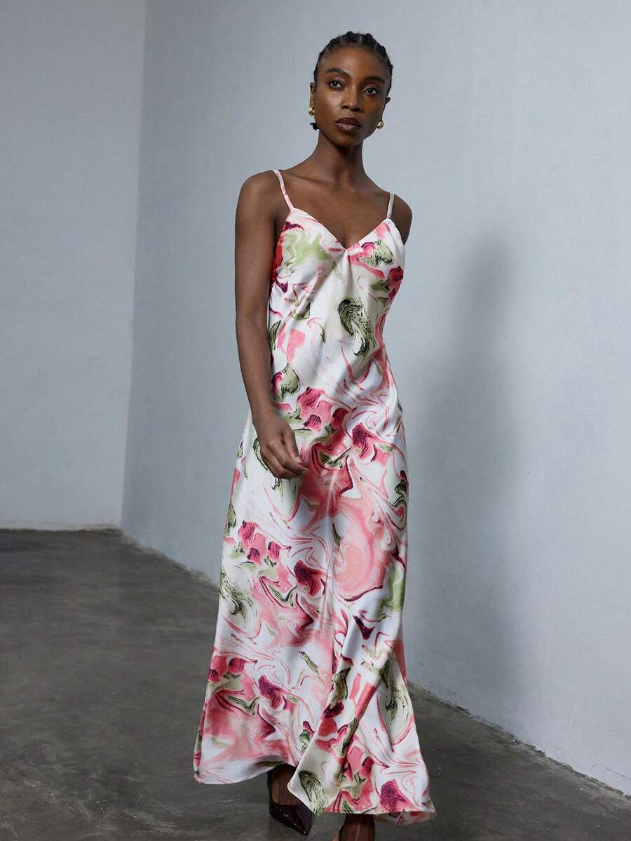 Aveloria Modichic Random Red & White Print V-Neck Camisole Dress, Vibrant Printed Design, V-Neck Camisole Style Flatters Gracefully, Suitable For Vacation, Beach, Summer Party - Multicolor - View 1