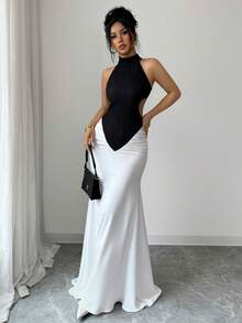 SHEIN Elenzya New Spring/Summer Black & White Color Block Design, Sexy High Slit Cold Shoulder Ruched Fitted Maxi Dress, Elegant For Party, Formal Event, Wedding, Halloween, Christmas, Holiday Vacation