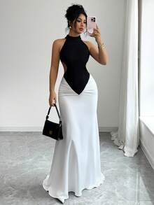 SHEIN Elenzya New Spring/Summer Black & White Color Block Design, Sexy High Slit Cold Shoulder Ruched Fitted Maxi Dress, Elegant For Party, Formal Event, Wedding, Halloween, Christmas, Holiday Vacation