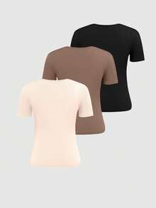 SHEIN 3件套 女士纯色圆领短袖休闲百搭T恤 - 彩色 - 查看 2