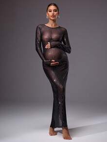 MaterniChic Maternity Clothes Black Sequin Mesh Sheer Fitted Dress,Autumn Elegant Formal Evening Night Out Club Pregnancy Dress For Photoshoot Baby Shower - Black - View 5