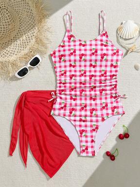 SHEIN Girls Swimsuit One Piece Bathing With Cherry Print Adjustable Straps Girls'Swimwear With Two Pieces Swimsuit With Skirt Summer Vacation Thermal Christmas Holiday Festival New Years Valentines Swim