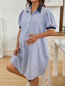 SHEIN Maternity Clothes Maternity Maternity Dress Nursing Dress, Boat Neck Puff Sleeve Half-Placket Striped Dress - Blue - View 3
