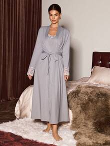 SHEIN Women's Sexy Lace Patchwork V-Neck Backless Camisole Nightgown With Long Lace Trim Robe, 2 Pieces Set - Light Grey - View 5