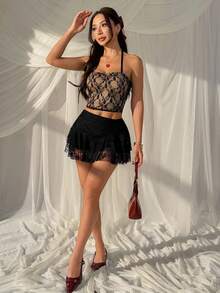 SHEIN EZwear Elegant Skirt Women's Sexy Black Lace Mini Skirt, Summer - Black - View 5