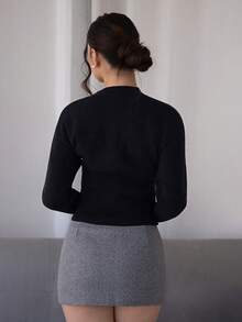 Andrea Bello Short Slim Front Button Solid Color Long Sleeve Simple Casual Knit Cardigan, Sweater,Short Women's Sweater,Women's Sweaters,Knit Sweaters,Winter Women's Clothing,Fall Women's Clothing,FW24,Tops For School - Black - View 2