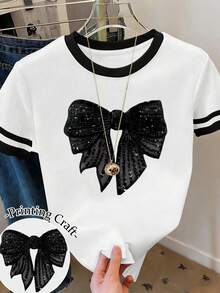 EMERY ROSE Blusas de verano, Camiseta de mujer con lazo negro estampado, Blusa casual de cuello redondo para primavera y verano, Ropa de mujer de manga corta para verano, Camisetas gráficas para mujer - Multicolor - Ver 1