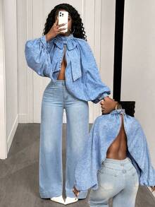 BamGleam Women's Casual Denim Blouse - Blue - View 1