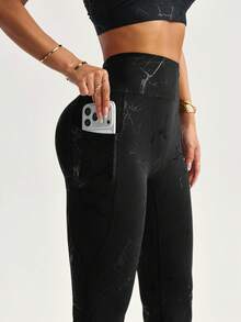 Dewbera Women's Black Skinny Sweatpants With Pockets, Flocked Branch Pattern, High Waist, Suitable For Daily Casual Wear, Running, Yoga, Gym, Tennis, Golf, Autumn/Winter - Black - View 4