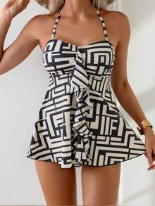 Swim Lushoire Women's Casual 2 Pieces Swimsuit Set, Ruched Bust With Floral Ruffles, Tie Neck, Tummy Control Tankini - Multicolor - View 5