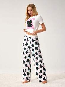 SHEIN How to Train Your Dragon 女士卡通字母印花短袖露脐上衣和长裤睡衣套装，夏季 - 白色 - 查看 1