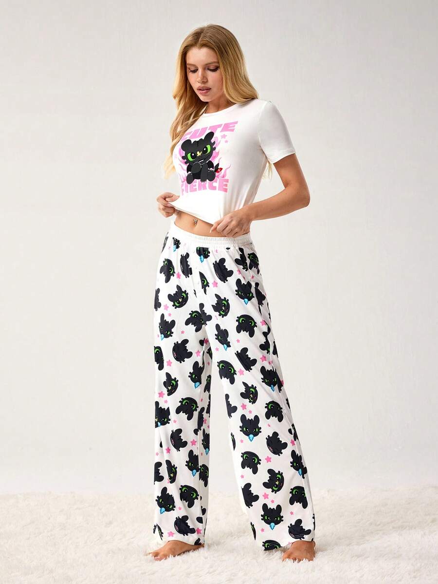 SHEIN How to Train Your Dragon 女士卡通字母印花短袖露脐上衣和长裤睡衣套装，夏季 - 白色 - 查看 1