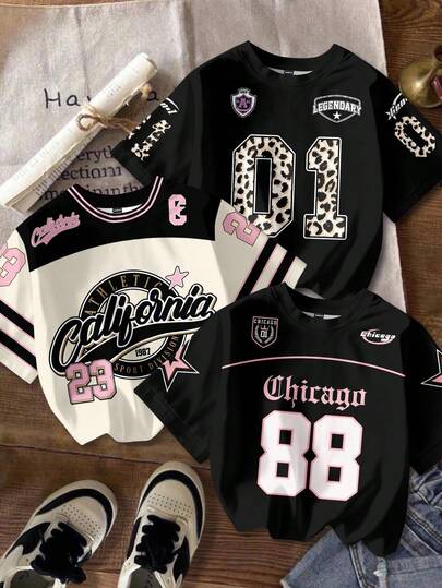 Attitoon 3pcs/Set Casual Leopard Print & Numeric Graphic Round Neck Loose Fit Short Sleeve T-Shirt For Women, Suitable For Summer,Graphic Tees