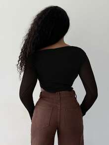 Alexandranx Women Solid Brown Oblique Shoulder Ruched Asymmetric Hem Mesh Knit Long Sleeve T-Shirt, Fall Women Tops, Asymmetrical Neck Top