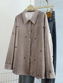 GlowEve CURVE Plus Size Women's Casual Everyday Office Commute Striped & Bow Print Loose Fit Drop Shoulder Long Sleeve Blouse, Spring/Autumn