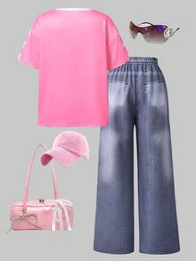SHEIN ChillGRL Bộ trang phục thường ngày mùa hè cho bé gái tuổi teen: Áo ngắn tay cổ chữ V in số và quần jean in họa tiết graffiti. - Hồng - Xem 2