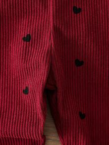 Baby Girls/Unisex Infant Toddler 0-3Y Spring/Autumn Heart Print Corduroy Overalls Set, Casual Style With Chest Pocket Decoration, Suitable For Outdoor Play And Leisure - Burgundy - View 3