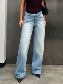 EURMUSE 女士阔腿低腰牛仔裤 - 中等水洗藍 - 查看 3